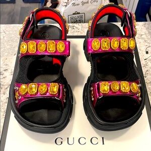 Gucci sport sandals Pink and Black  with Yellow Gems